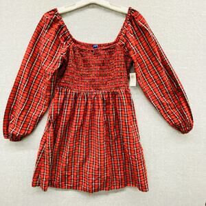 Old Navy Dress Large Royal Stewart Tartan Smocked Babydoll Long Sleeve Red Black